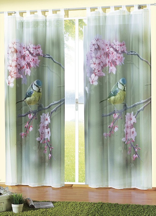Modern - Fensterdekoration mit Blaumeisen-Motiv, in Größe 365 (H145xB120 cm) bis 572 (H245xB120 cm), in Farbe , in Ausführung Dekoschal mit Universalschienenband