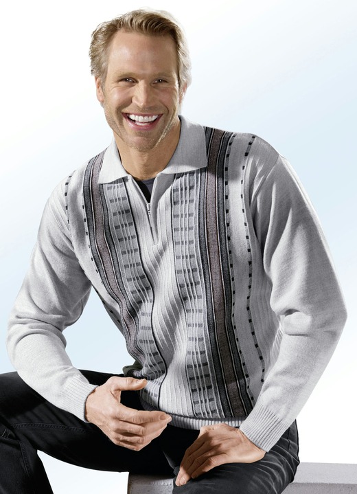 Hemden, Pullover & Shirts - Faszinierender Polopullover mit kurzem Reißverschluss, in Größe 046 bis 062, in Farbe SILBERGRAU MELIERT Ansicht 1