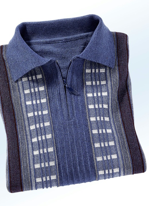 Hemden, Pullover & Shirts - Faszinierender Polopullover mit kurzem Reißverschluss, in Größe 046 bis 062, in Farbe JEANSBLAU MELIERT Ansicht 1