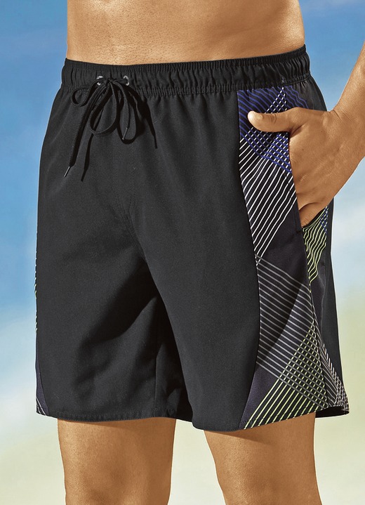 Bademode - Badeshorts mit seitlichen Einsätzen, Microfaser, in Größe 005 bis 014, in Farbe SCHWARZ-BLAU-GRÜN