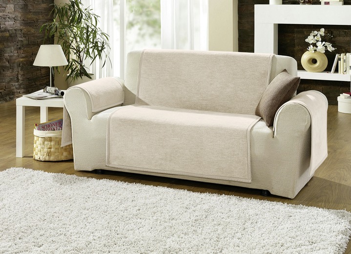 Sessel- & Sofaüberwürfe - Sessel-,Couch- und Armlehnenschoner mit Veloursbandeinfassung, in Größe 102 (Sesselschoner, 50x200 cm) bis 900 (2x 50x200 cm + 2x 50x75 cm), in Farbe SAND Ansicht 6