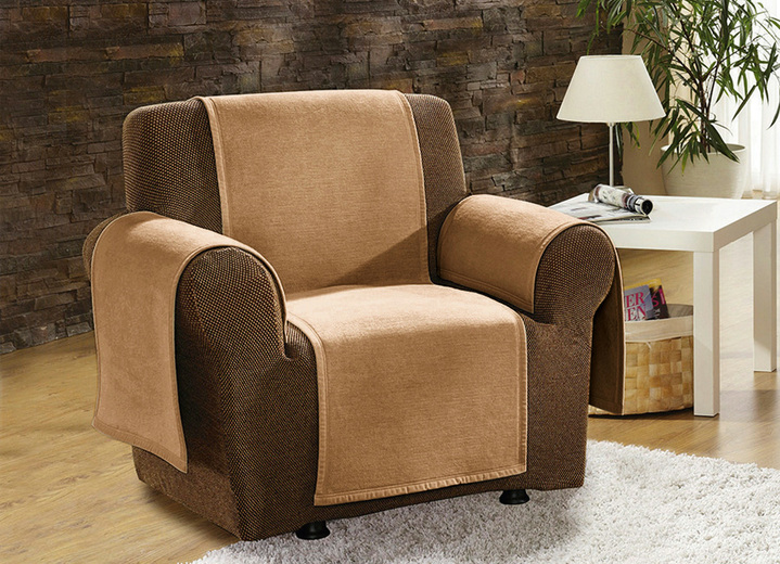 Sessel- & Sofaüberwürfe - Sessel-,Couch- und Armlehnenschoner mit Veloursbandeinfassung, in Größe 102 (Sesselschoner, 50x200 cm) bis 900 (2x 50x200 cm + 2x 50x75 cm), in Farbe SAND Ansicht 5