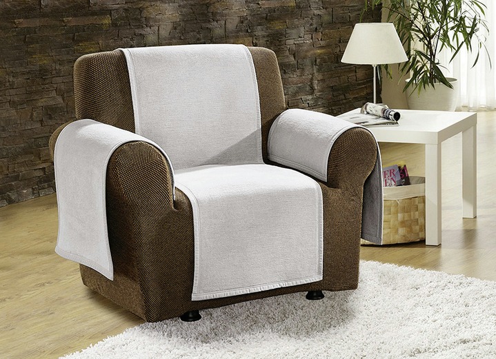 Sessel- & Sofaüberwürfe - Sessel-,Couch- und Armlehnenschoner mit Veloursbandeinfassung, in Größe 102 (Sesselschoner, 50x200 cm) bis 900 (2x 50x200 cm + 2x 50x75 cm), in Farbe SILBER Ansicht 1