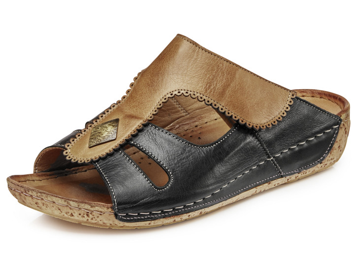 Komfortschuhe - Gemini, bequeme Damen-Pantoletten, Weite G, mit Klettverschluss, in Größe 036 bis 041, in Farbe SCHWARZ-COGNAC Ansicht 1