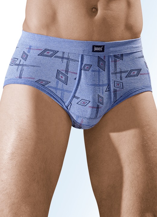 Unterwäsche - Fünferpack Slips aus Feinripp mit Eingriff, in Größe 005 bis 014, in Farbe 3X JEANSBLAU MELIERT-BUNT, 2X GRAU MELIERT-BUNT