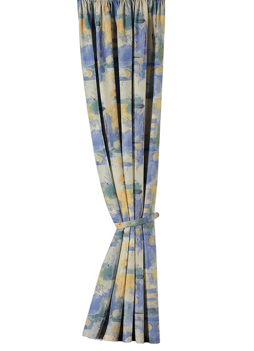 - Übergardine mit Universalschienenband, in Größe 358 (Dekoschal, H145xB140 cm) bis 899 (1 Raffhalter, 70 cm), in Farbe BLAU GEMUSTERT Ansicht 1