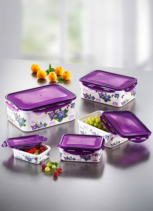 Schüsseln & Behälter - Dosen-Set eckig, 10-teilig mit schönem Hortensien-Dekor, in Farbe HORTENSIE Ansicht 1