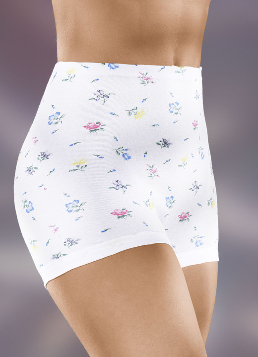 Slips - Fünferpack Schlüpfer mit auswechselbarem Gummizug, in Größe 040 bis 060, in Farbe 3X WEISS-BUNT BEDRUCKT, 2X WEISS