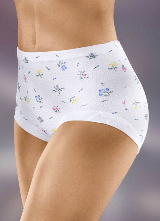 Slips - Fünferpack Slips mit auswechselbarem Gummizug, in Größe 040 bis 060, in Farbe 3X WEISS-BUNT BEDRUCKT, 2X WEISS