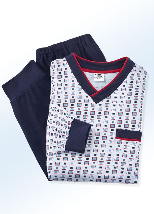 Nachtwäsche - Schlafanzug mit V-Ausschnitt und Bündchenabschlüssen, in Größe 025 bis 064, in Farbe HELLBLAU-BUNT Ansicht 2