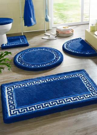 Badgarnituren - Badgarnitur mit Mäander-Bordüre, in Größe 100 (Vorleger halbrund, 50/ 80 cm) bis 112 (Deckelbezug mit Kordel, 47/ 50 cm), in Farbe BRAUN – Farbe BLAU – Ansicht 