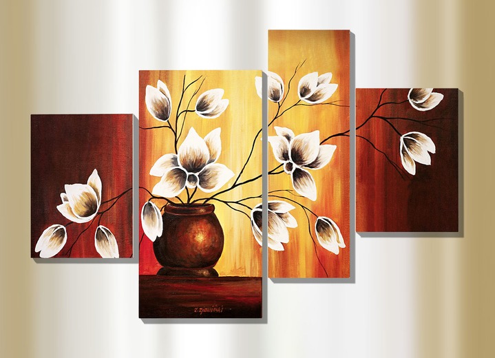 Blumen - 4-teiliges Bild Magnolien in Vase, vom Künstler Rumin, in Farbe