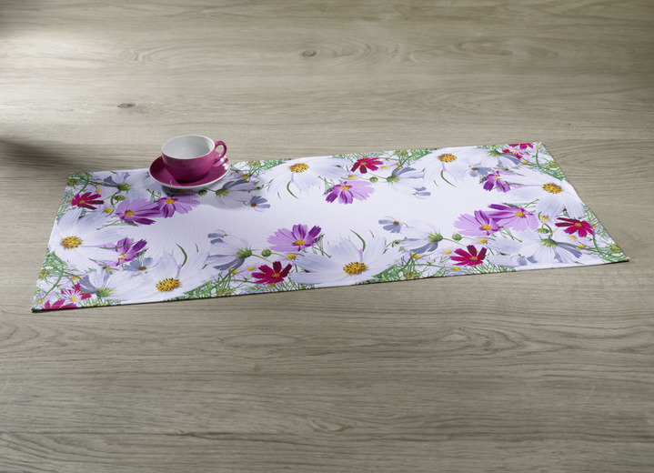 - Frühlingshafte Tisch- und Raumdekoration mit Blüten-Motiv, in Größe 130 (Deckchen, 35/ 50 cm) bis 404 (Kissenhülle, 40/ 40 cm), in Farbe WEISS/BUNT