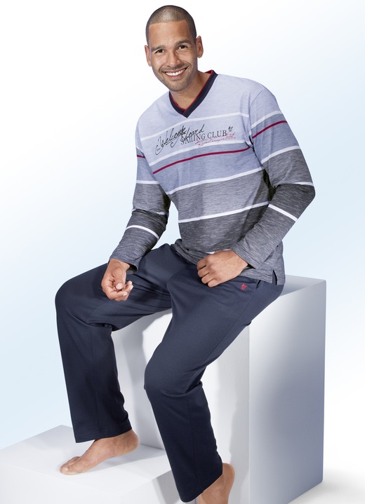 Nachtwäsche - Hajo Klima Komfort Schlafanzug mit V-Ausschnitt Nachtwäsche - Hajo Klima Komfort Schlafanzug mit V-Ausschnitt, in Größe 046 bis 060, in Farbe MARINE-HELLBLAU