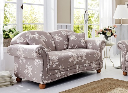 Polstermöbel - Romantisch-blumige Polstermöbel, in Farbe WEISS-ROSA, in Ausführung Zweisitzer – Farbe BRAUN-BEIGE – Ansicht 