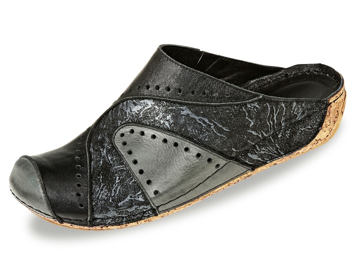 Komfortschuhe - Gemini Clog aus schattiertem, teilweise geprägtem Rind-Nappaleder, in Größe 036 bis 042, in Farbe SCHWARZ-GRAU