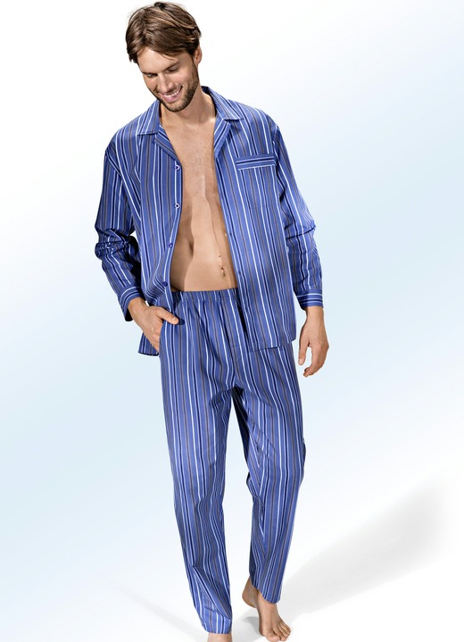 Nachtwäsche - Schlafanzug, durchgeknöpft, aus Webware mit Streifendessin, in Größe 046 bis 060, in Farbe JEANSBLAU-BUNT Ansicht 1