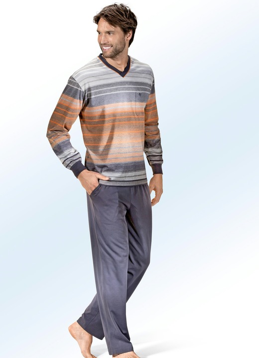 Nachtwäsche - Hajo Klima Komfort Schlafanzug mit V-Ausschnitt, Brusttasche und garngefärbtem Ringeldessin, in Größe 046 bis 060, in Farbe GRAFIT-BUNT
