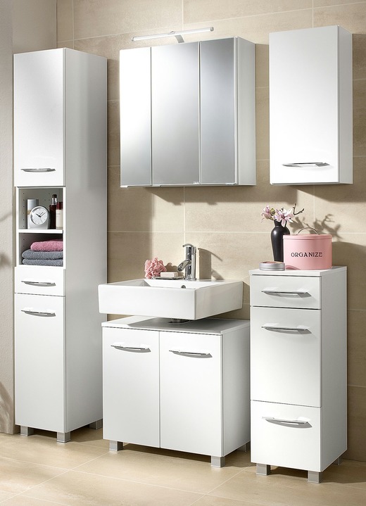 Badmöbel - Badmöbel-Programm, auch hängend montierbar, in Farbe WEISS, in Ausführung Hängeschrank, 1-türig Ansicht 2