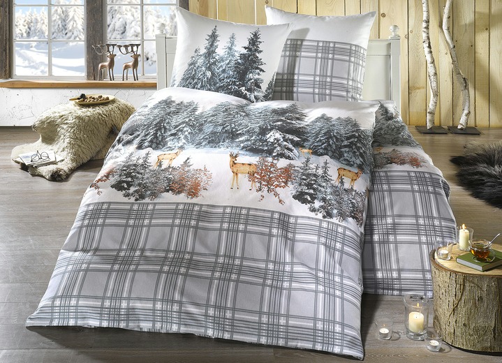 - Feinbiber Bettwäsche-Garnitur aus 100% Baumwolle, in Größe 112 (80/80 cm + 135/200 cm) bis 115 (80/80 cm + 155/220 cm), in Farbe GRAU