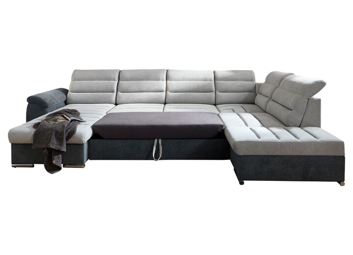 Polstermöbel -  Wohnlandschaft mit Bettfunktion und Bettkasten, in Farbe GRAU-SILBER Ansicht 1