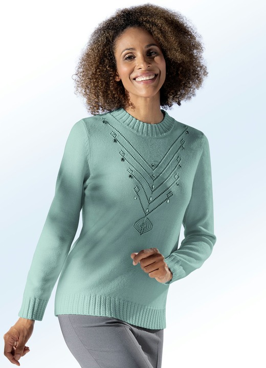 Damenmode - Pullover mit Strass- und Perlenzier, in Größe 038 bis 052, in Farbe MINZE