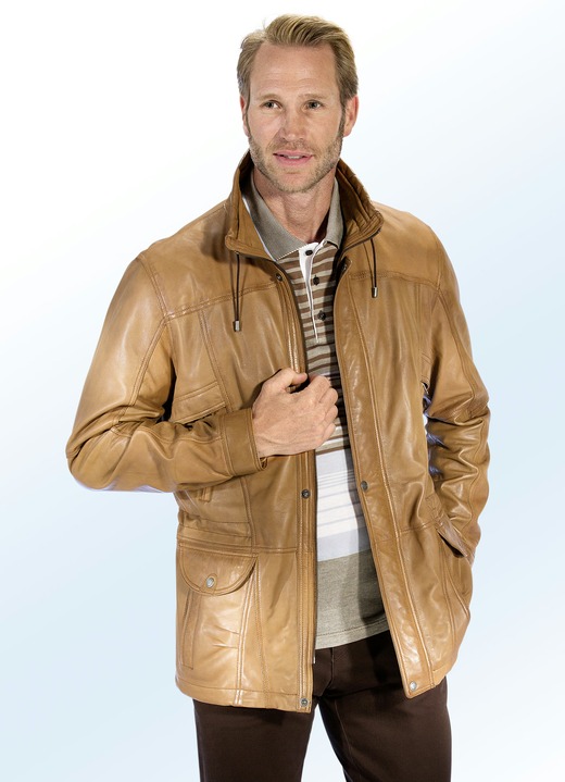 Ledermode - Lederjacke mit Kordelzug in Taille und Saum, in Größe 046 bis 064, in Farbe ANTIK CAMEL