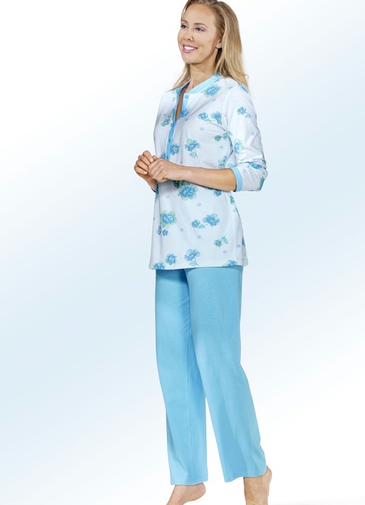 Schlafanzüge & Shortys - Schlafanzug, Langarm mit Knopfleiste, in Größe 036 bis 056, in Farbe ZARTBLEU-TÜRKIS-BUNT Ansicht 1