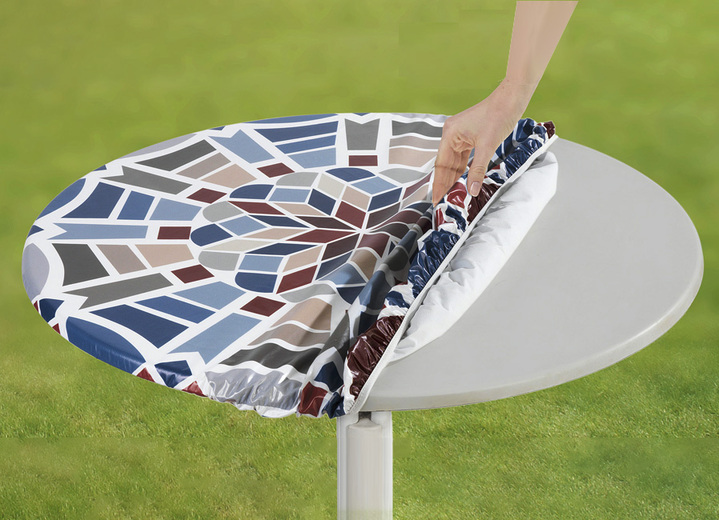 Gartentischdecken - Spann-Tischdecke mit Mosaik-Dessin, in Größe 150 (ø 70–86 cm) bis 190 (ø 85–105 cm), in Farbe BLAU Ansicht 2