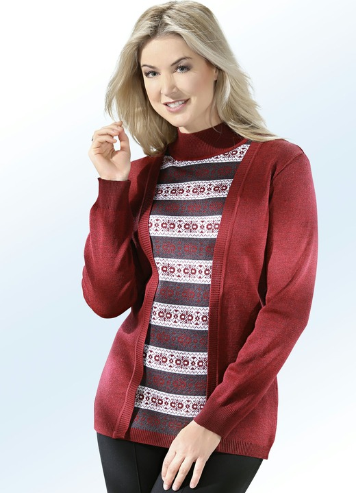 Damenmode - Pullover in Twinset-Optik, in Größe 042 bis 052, in Farbe WEINROT-GRAFIT-ECRU