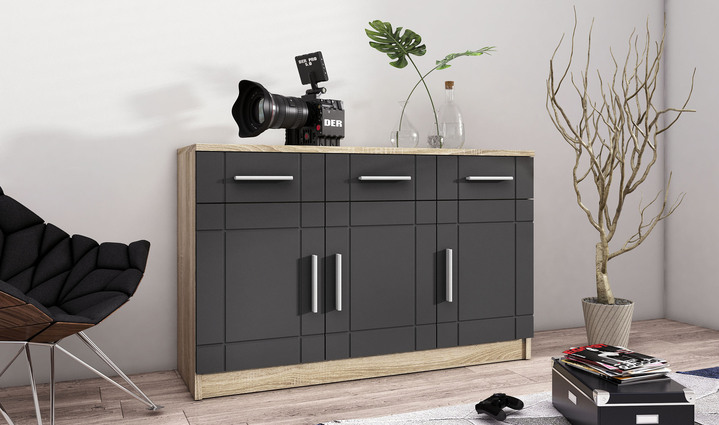 Sideboards & Kommoden - Moderne Kommode mit matten Tiefzieh-Fronten, in Farbe WEISS EICHE SONOMA, in Ausführung Kommode, 2-türig Ansicht 3