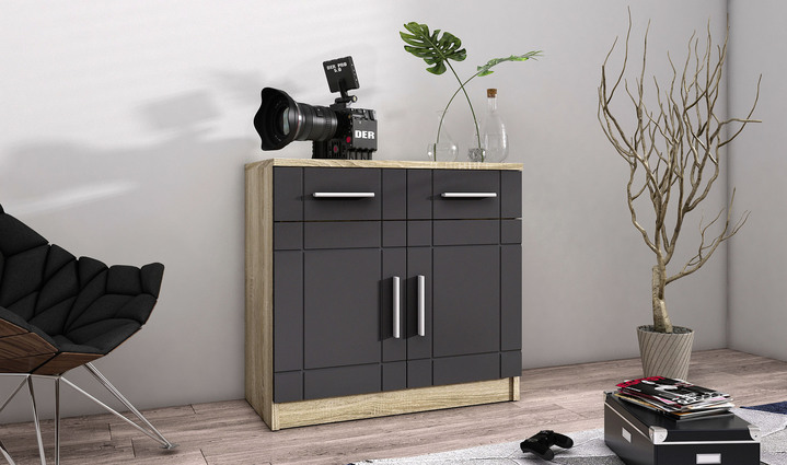 Sideboards & Kommoden - Moderne Kommode mit matten Tiefzieh-Fronten, in Farbe GRAU-EICHE, in Ausführung Kommode, 2-türig Ansicht 1