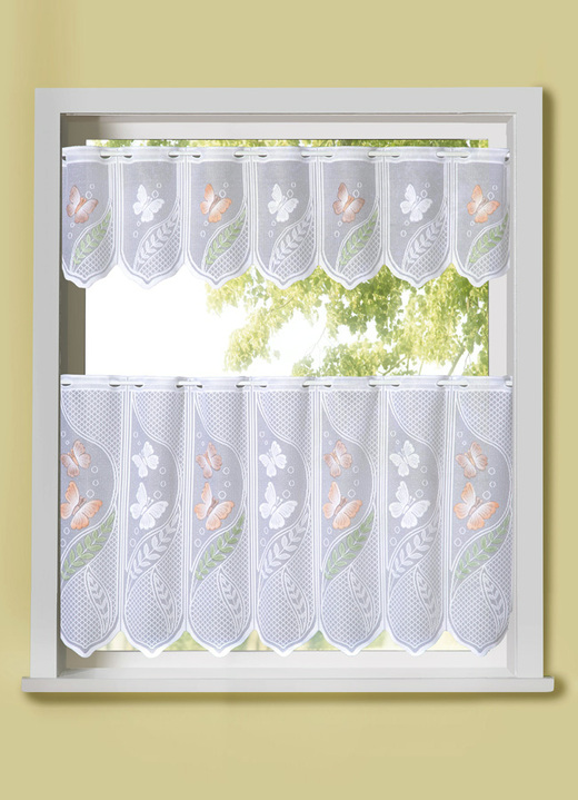 Landhaus & Küche - Jacquard Kurzstore mit Schmetterlings-Dessin, in Größe 661 (H30xB 90 cm) bis 858 (H60xB120 cm), in Farbe WEISS Ansicht 2