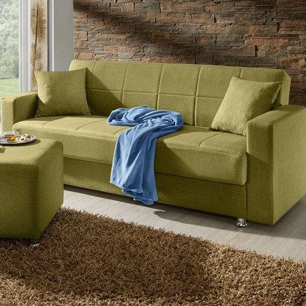 Schlafsofas - Klick-Klack-Sofa mit Hocker und Dekokissen – Farbe GRÜN – Ansicht  Schlafsofas - Klick-Klack-Sofa mit Hocker und Dekokissen, in Farbe BLAU – Farbe GRÜN – Ansicht
