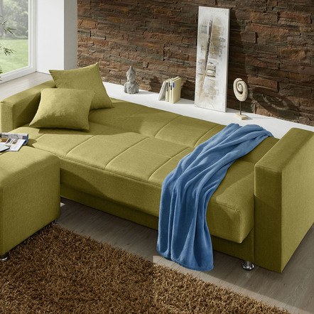 Schlafsofas - Klick-Klack-Sofa mit Hocker und Dekokissen – Farbe GRÜN – Ansicht  Schlafsofas - Klick-Klack-Sofa mit Hocker und Dekokissen, in Farbe BLAU – Farbe GRÜN – Ansicht