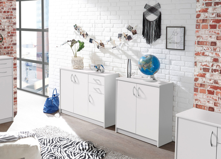 Sideboards & Kommoden - Kombifreundliche Kommode mit silberfarbenen Griffen, in Farbe WEISS, in Ausführung 2-türig, schmal Ansicht 2