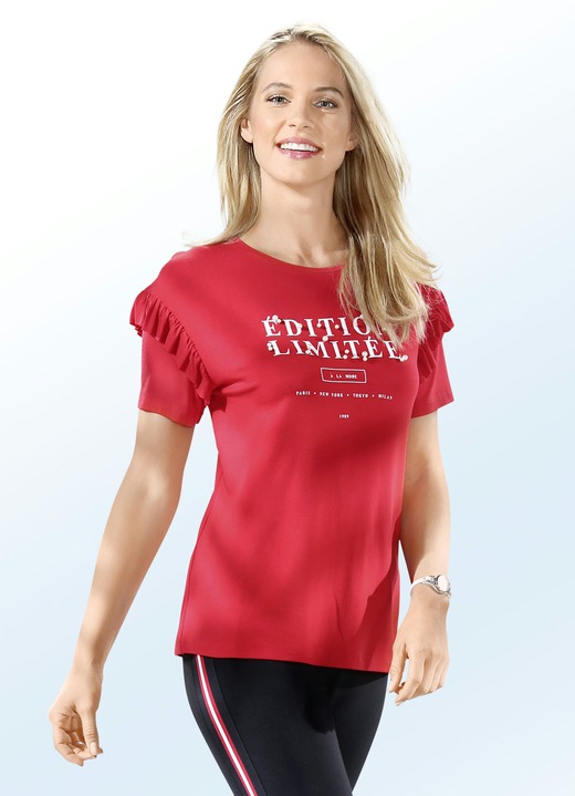 Damenmode - Shirt mit Rüschenzier in 2 Farben, in Größe 034 bis 050, in Farbe ROT Ansicht 1