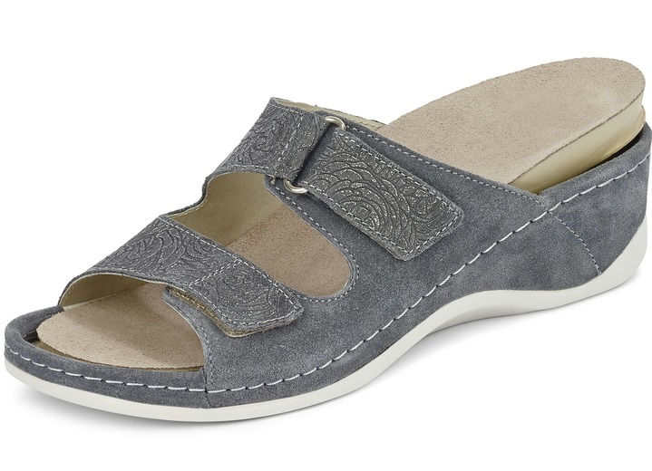 Komfortschuhe - Mubb, bequeme Damen-Pantoletten, Weite H, mit herausnehmbarem Fußbett, in Größe 036 bis 042, in Farbe JEANSBLAU Ansicht 4