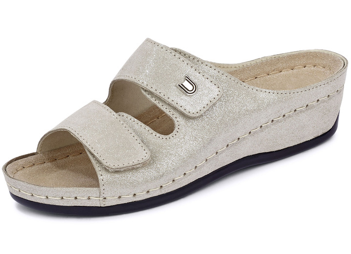 Komfortschuhe - Bequeme Damen-Pantoletten, Weite G, mit Klettverschluss, in Größe 036 bis 042, in Farbe JEANS Ansicht 4