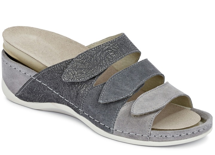 Komfortschuhe - Mubb, bequeme Damen-Pantoletten, Weite H, mit herausnehmbarem Fußbett, in Größe 036 bis 042, in Farbe GRAU Ansicht 2