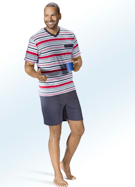 Nachtwäsche - Zweierpack Shortys mit V-Ausschnitt und Brusttasche, in Größe 046 bis 062, in Farbe 1X MARINE-BUNT, 1X GRAU-BUNT Ansicht 2