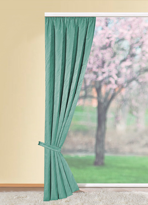 - Übergardine mit Universalschienenband, in Größe 358 (H145xB140 cm) bis 899 (2er-Pack Raffhalter, 70 cm), in Farbe GRÜN