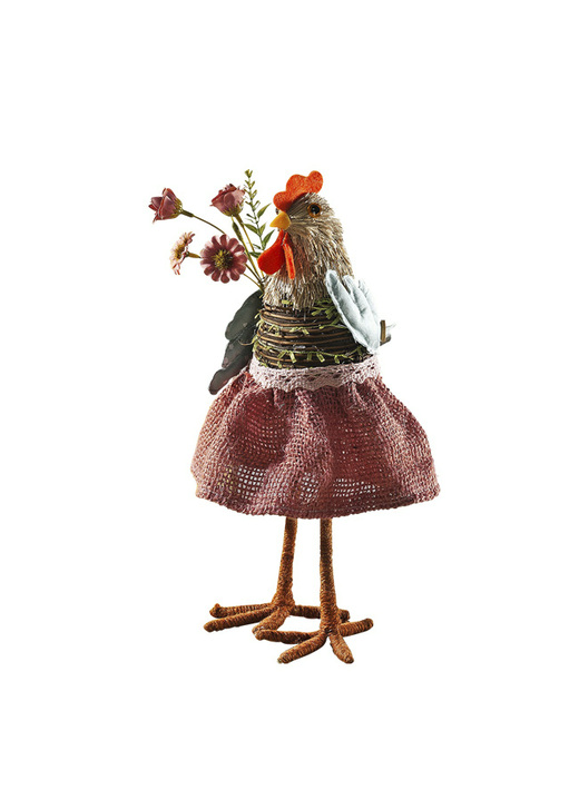 Dekorationen - Bast-Hühner mit Kleidung aus Jute, in Farbe ROSA, in Ausführung Henne Ansicht 1