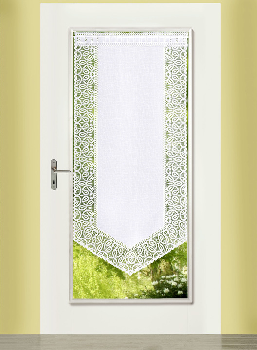 Klassisch - Fenster- und Türbehang mit Dreiecksabschluss Ansicht 2 Klassisch - Fenster- und Türbehang mit Dreiecksabschluss, in Größe 309 (2x Fensterbehang, H 80xB40 cm) bis 349 (1x Türbehang, H180xB90 cm), in Farbe WEISS Ansicht 2