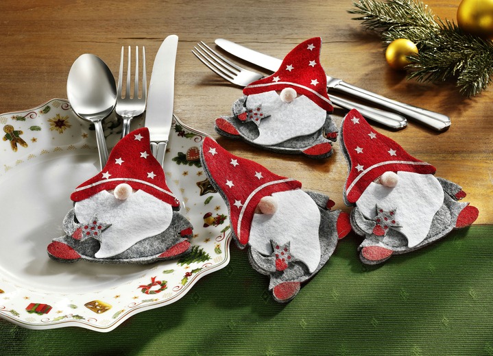 Weihnachtliche Dekorationen - Bestecktaschen, 4er-Set, in Farbe ROT-GRAU