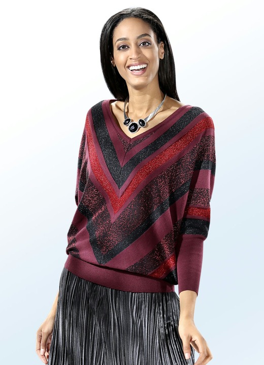 Damenmode - Pullover mit Baumwolle und interessantem Streifendessin, in Größe L 44/46) bis XXL (52/54), in Farbe BORDEAUX-MULTICOLOR