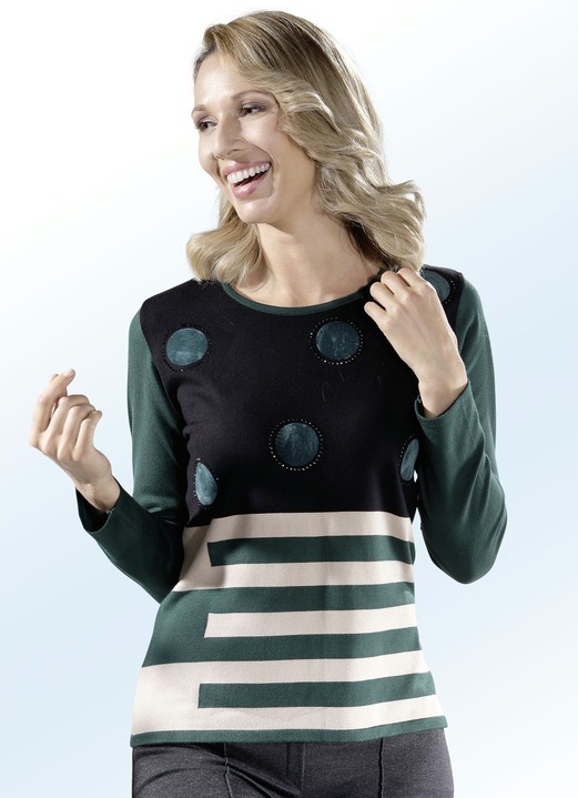 Damenmode - Pullover mit Beflockung und Schmucksteinzier, in Größe 036 bis 050, in Farbe GRÜN-SCHWARZ-BEIGE