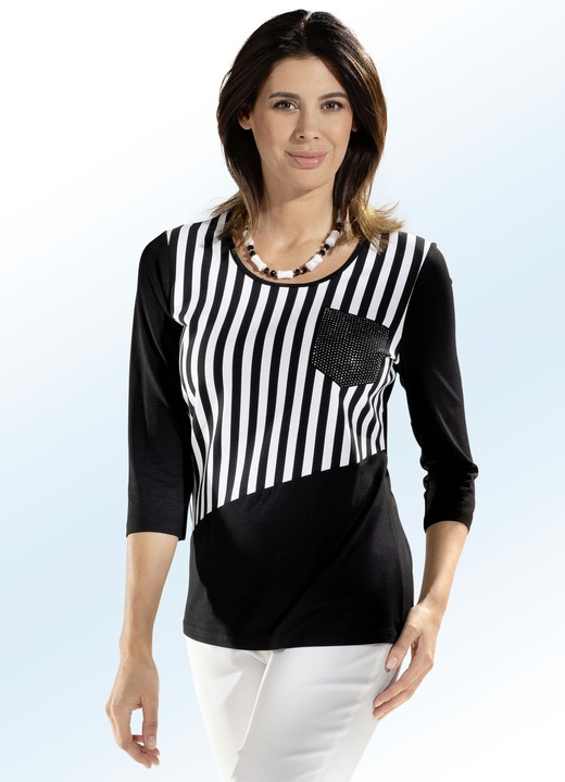 - Shirt mit Zierplättchen auf der Brusttasche, in Größe 036 bis 052, in Farbe SCHWARZ-WEISS