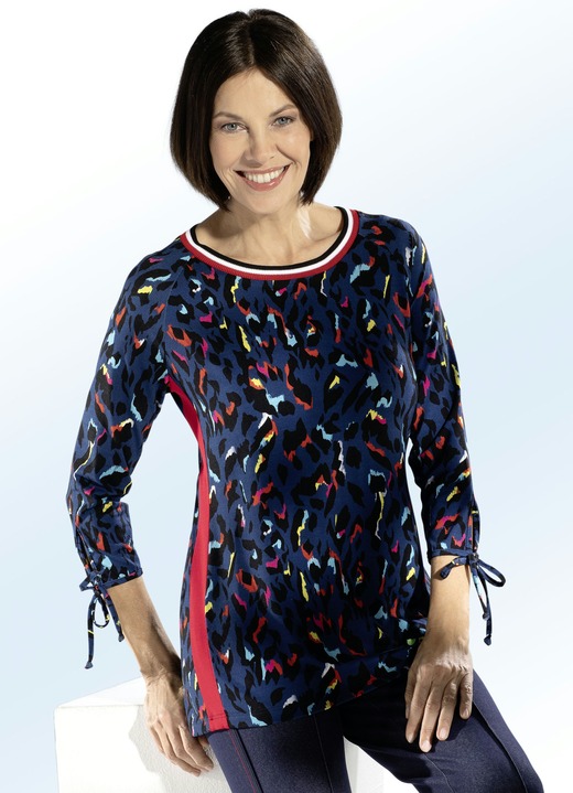 Damenmode - Shirt mit Bündchenabschluss am Halsausschnitt, in Größe 040 bis 054, in Farbe BLAU-BUNT