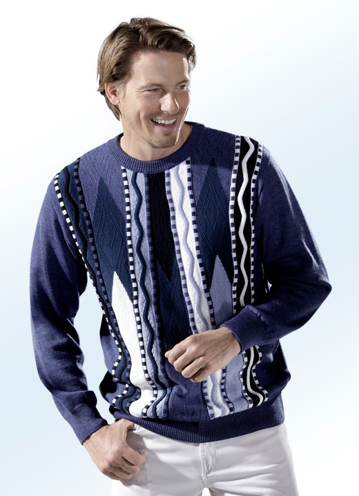 Hemden, Pullover & Shirts - Pullover mit aufwendigem Intarsien-Dessin, in Größe 044 bis 062, in Farbe BLAU MELIERT-PETROL-WEISS-NACHTBLAU